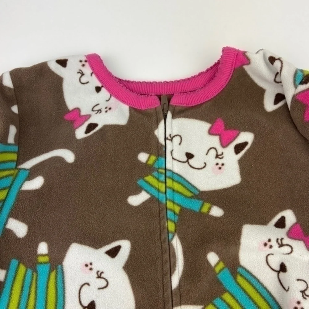 Carters Girls Pajamas Size 6 Fleece Cat Print Zip Up 1 Piece Footless Pajamas